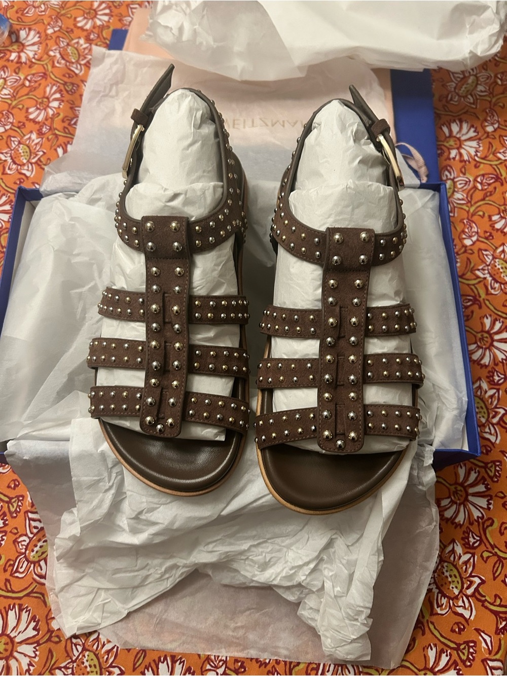 Stuart Weitzman  Pry Studded Brown Leather Sandals - Women
